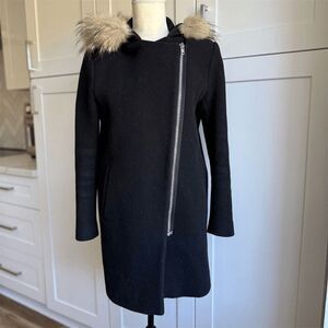 Sandro Paris Women's Black Wool Overcoat Size 40 / 8/M Fur-Trimmed Hood